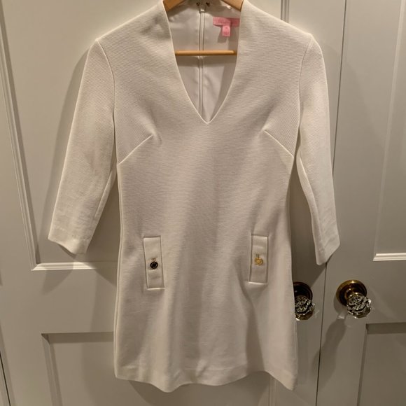 Lilly Pulitzer White Long Sleeve Charlena V-Neck Knit Shift Dress, Size XS - Picture 3 of 9